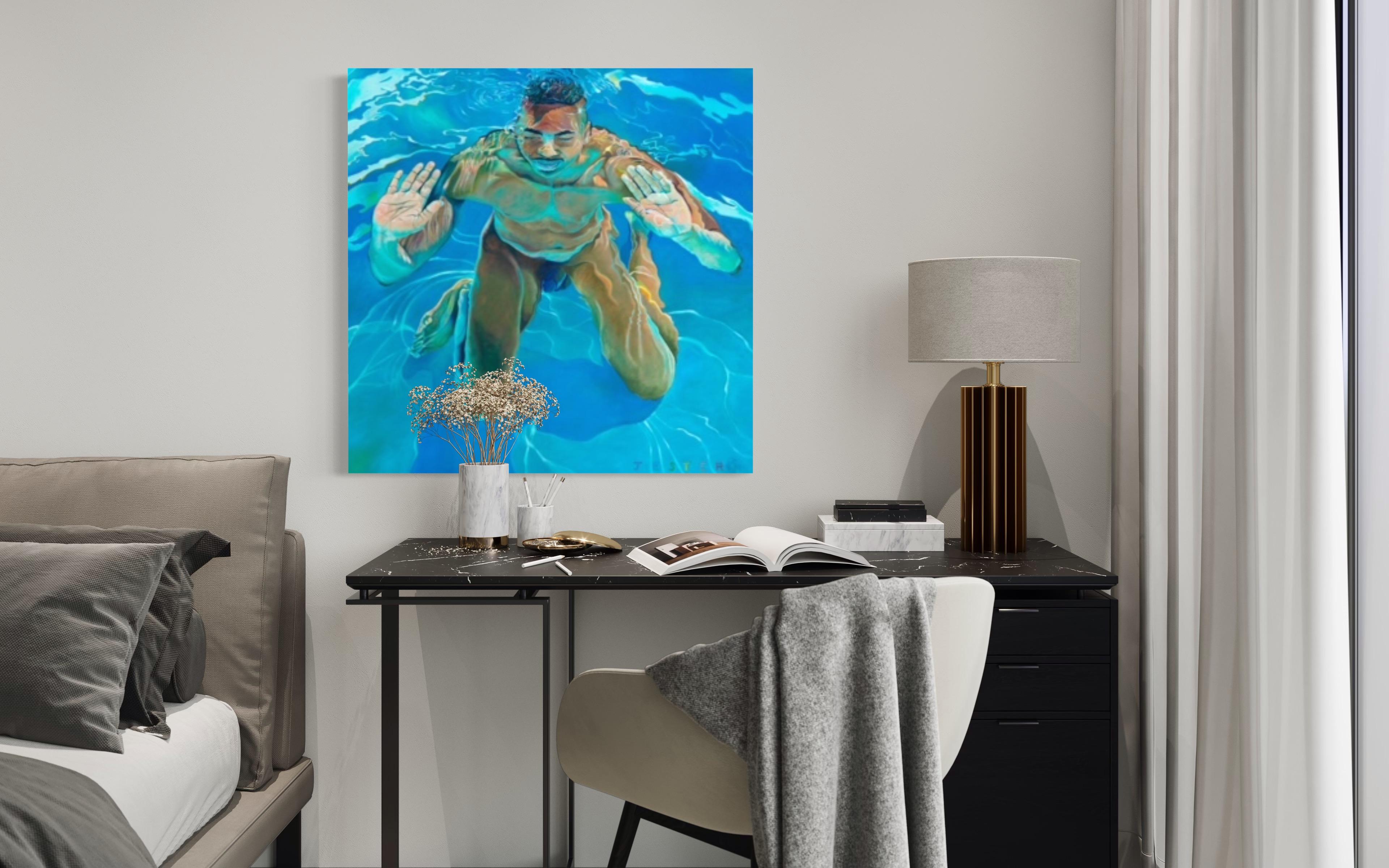 “Prayers” depicts a serene figure with hands gently pressing the water’s surface, face expressing content. Brilliant blue hues dominate, conveying tranquility. The relaxed posture and gentle water movement convey weightlessness and peace, inviting