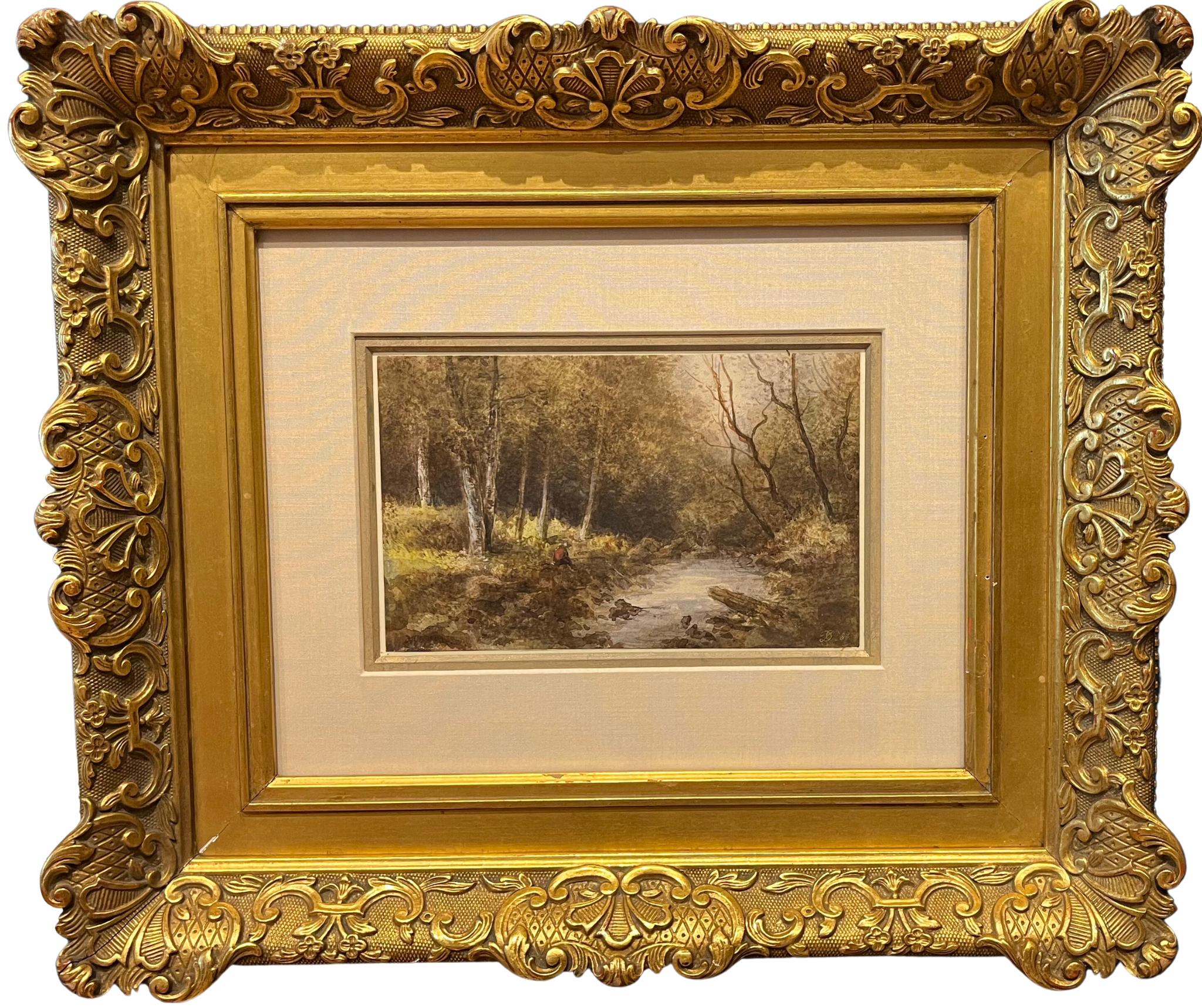 Acuarela de la Escuela del Río Hudson titulada Pescando en el arroyo