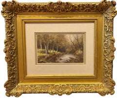Antique Hudson River School Watercolor Titled Fishing the Creek