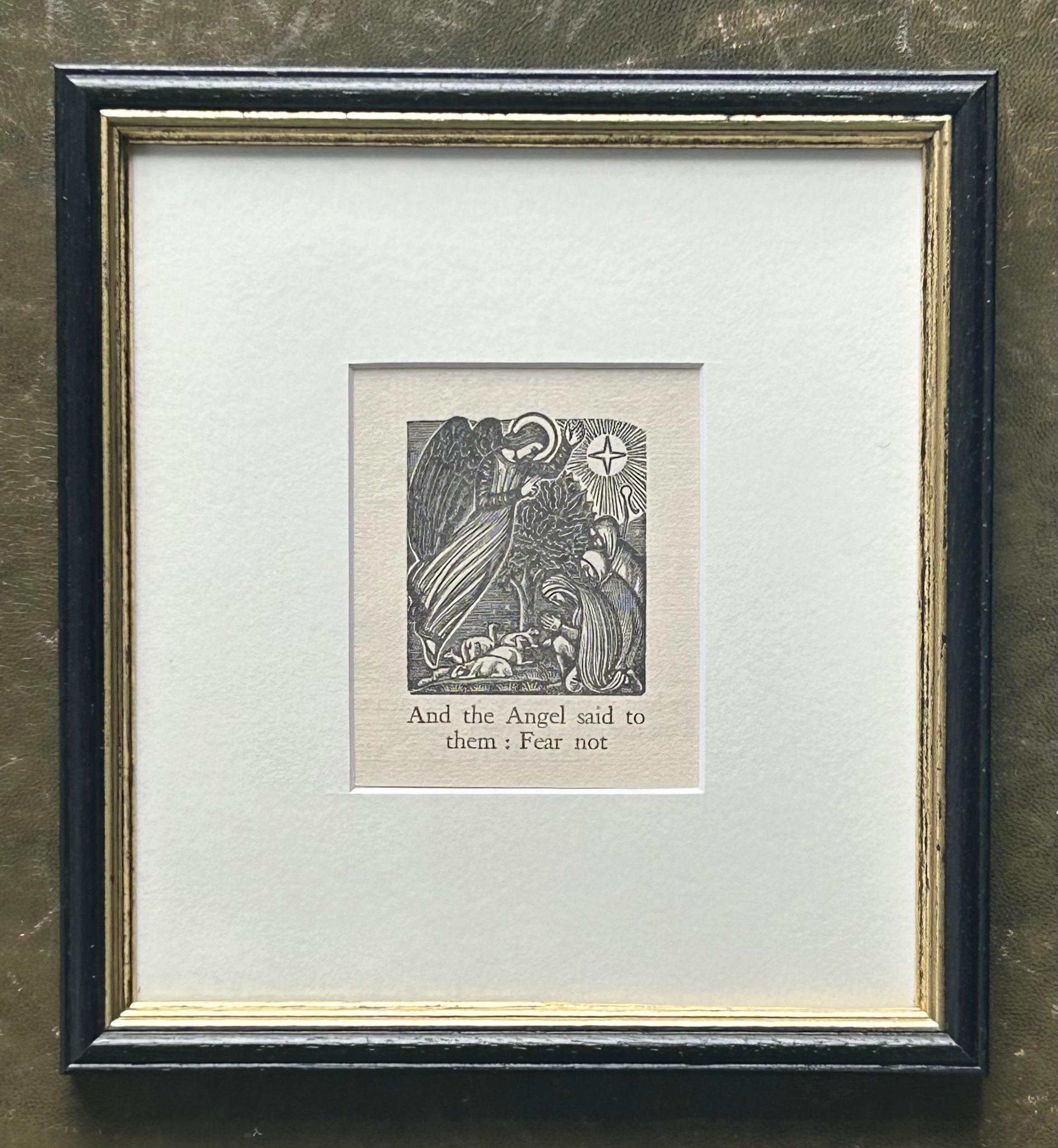 David Jones (1895-1974)
‘And the Angel Said: Fear not’ 
Woodcut
Image: 9.0 x 5.5 cm 
Frame: 21.0 x 19.5 cm


David Jones CH, CBE (1 November 1895 – 28 October 1974) was a Welsh painter and modernist poet. As a painter he worked mainly in watercolour