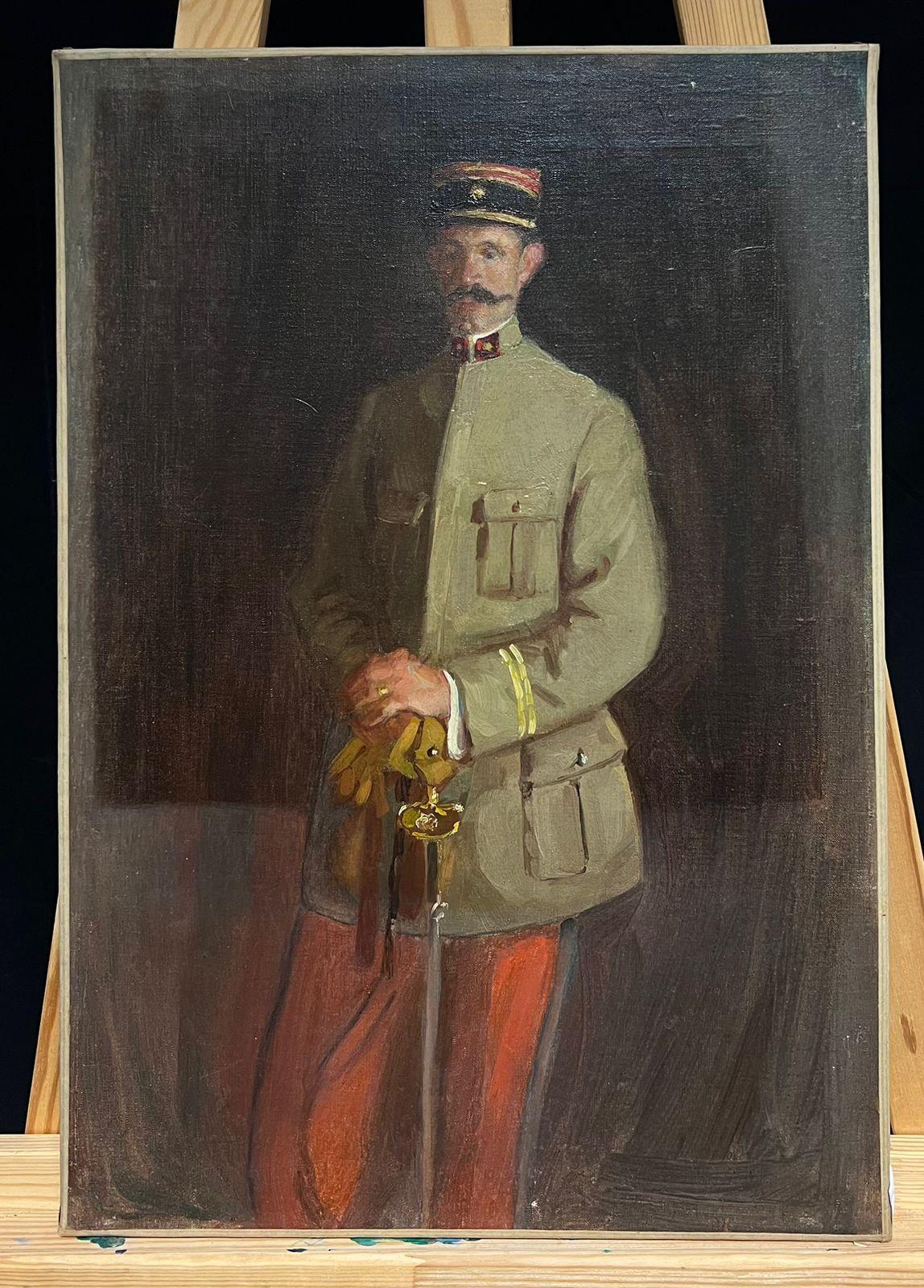 Early 20th-Century Portrait of French Military Officer in Uniform antique oil - Painting by David Junes