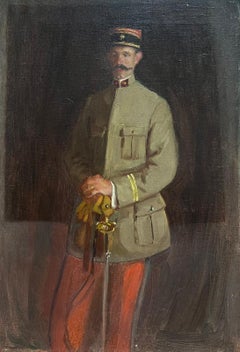 Retrato de oficial militar francés de uniforme de principios del siglo XX óleo antiguo