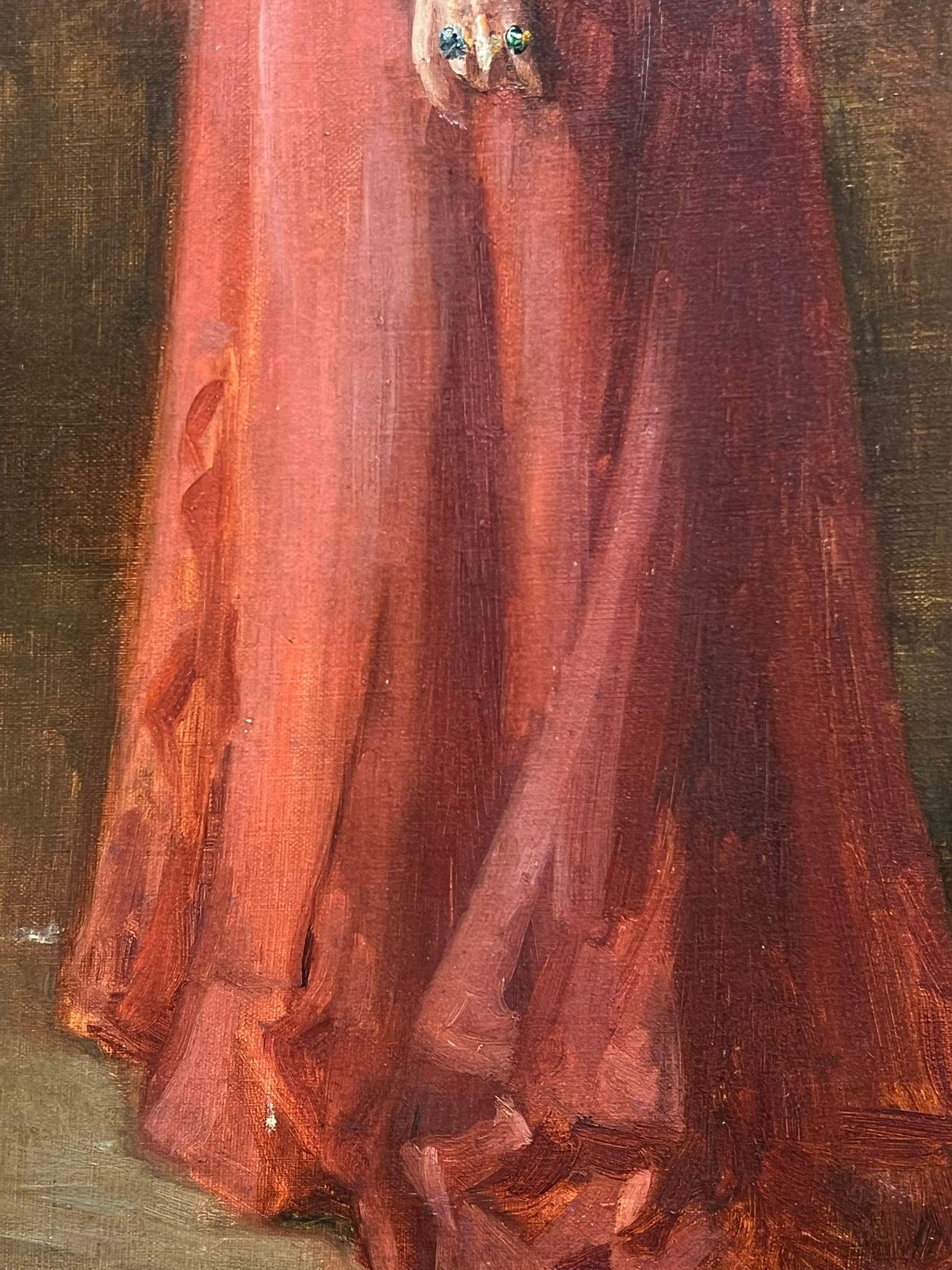 Eleganza del primo Novecento francese: Ritratto di donna in abito rosso firmato a olio in vendita 5