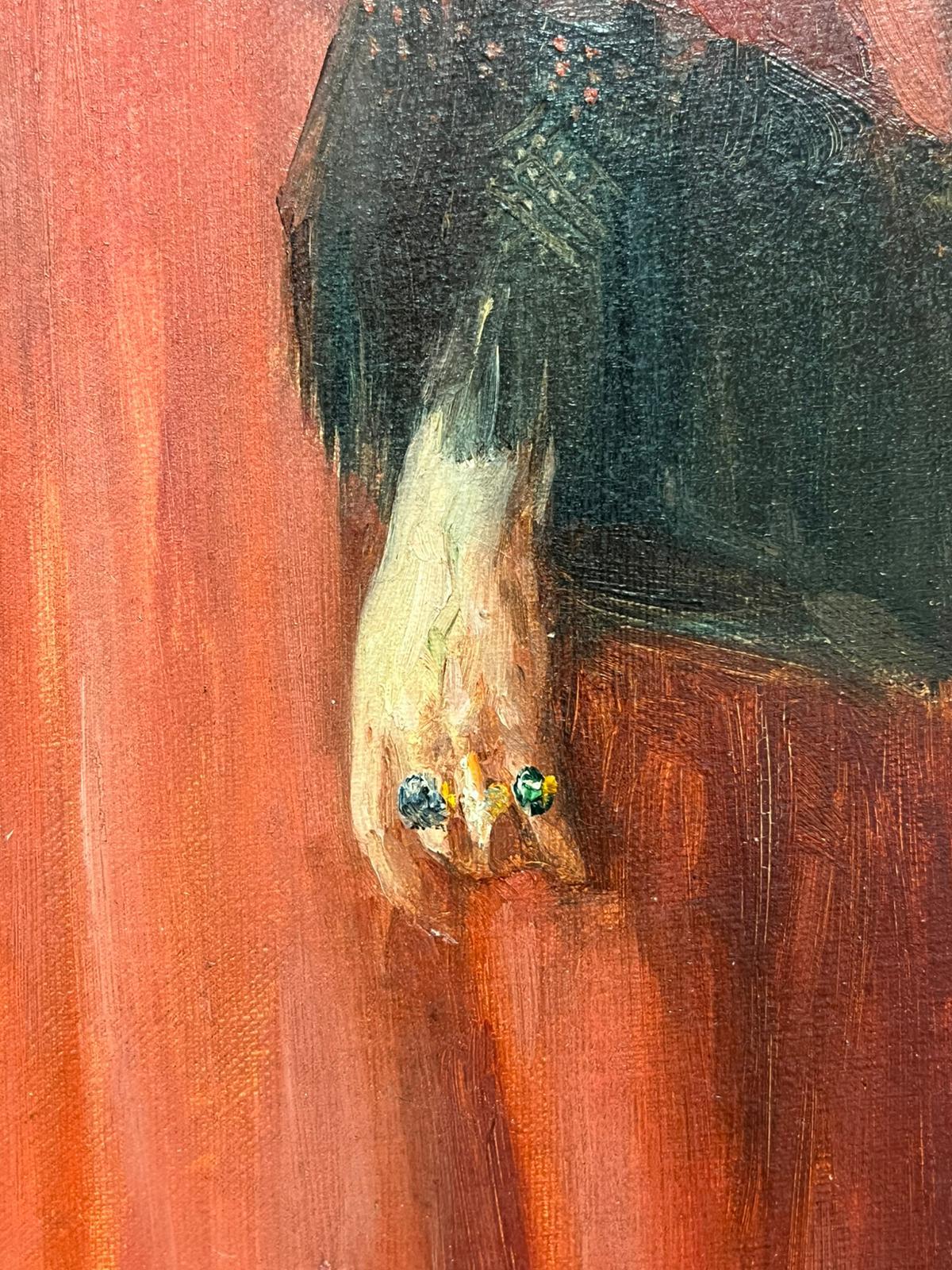 Eleganza del primo Novecento francese: Ritratto di donna in abito rosso firmato a olio in vendita 1