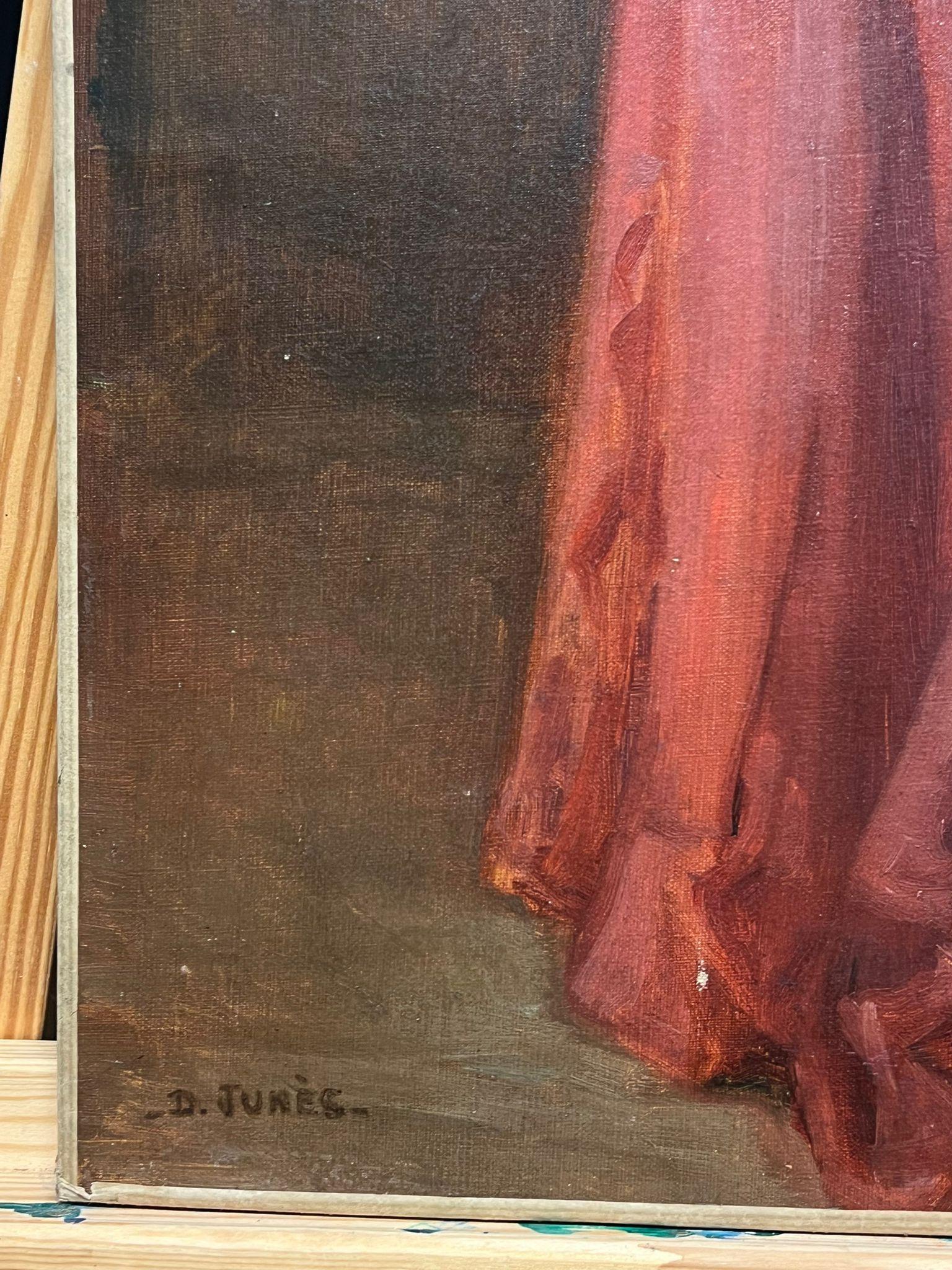 Eleganza del primo Novecento francese: Ritratto di donna in abito rosso firmato a olio in vendita 3