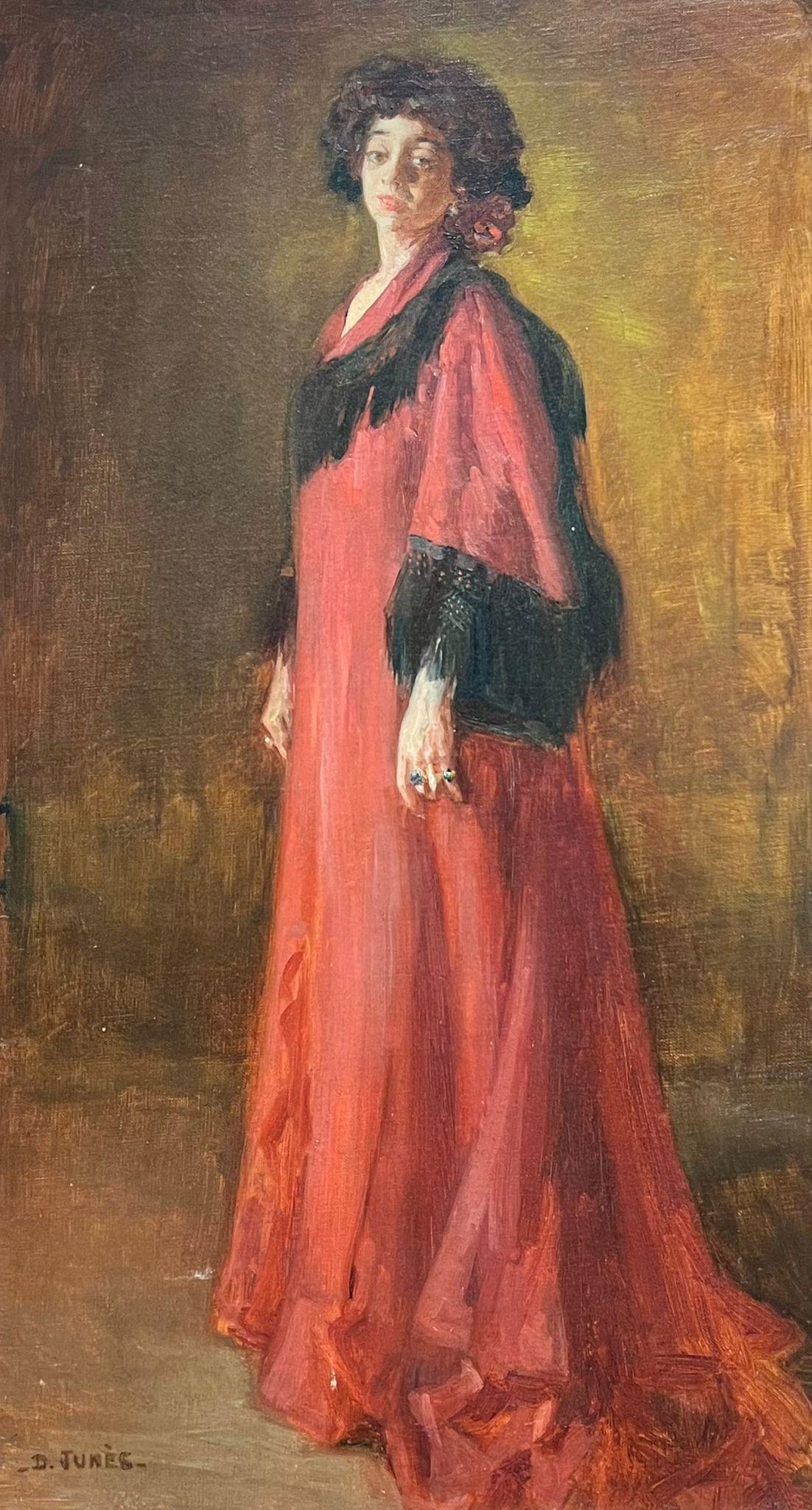 Portrait Painting di David Junes - Eleganza del primo Novecento francese: Ritratto di donna in abito rosso firmato a olio