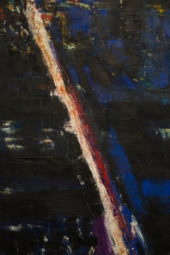 "Midtown III" Scena notturna astratta, olio su tela, blu intenso, nero, bianco