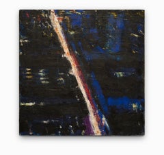 "Midtown III" Scène de nuit abstraite, huile sur toile, bleu profond, noir, blanc 
