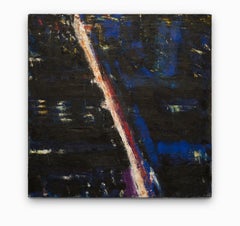 "Midtown III" Scène de nuit abstraite, huile sur toile, bleu profond, noir, blanc