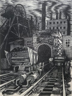 Escena de mina de carbón, Lancashire, Siglo XX Artista británico, Grabado en madera