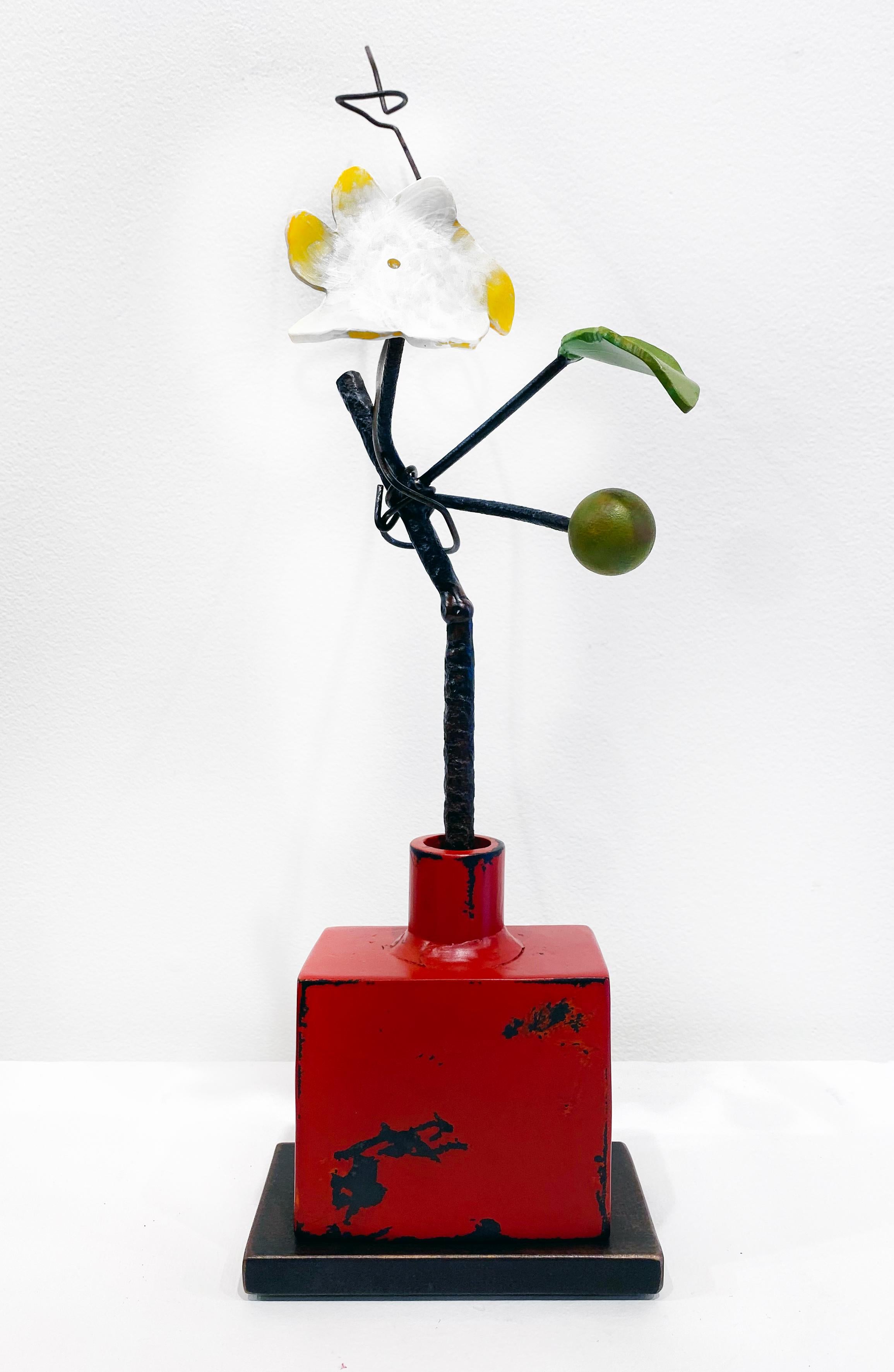 Bronze and Steel Sculpture by David Kimball Anderson 'Red Bottle Yellow Flower' 3