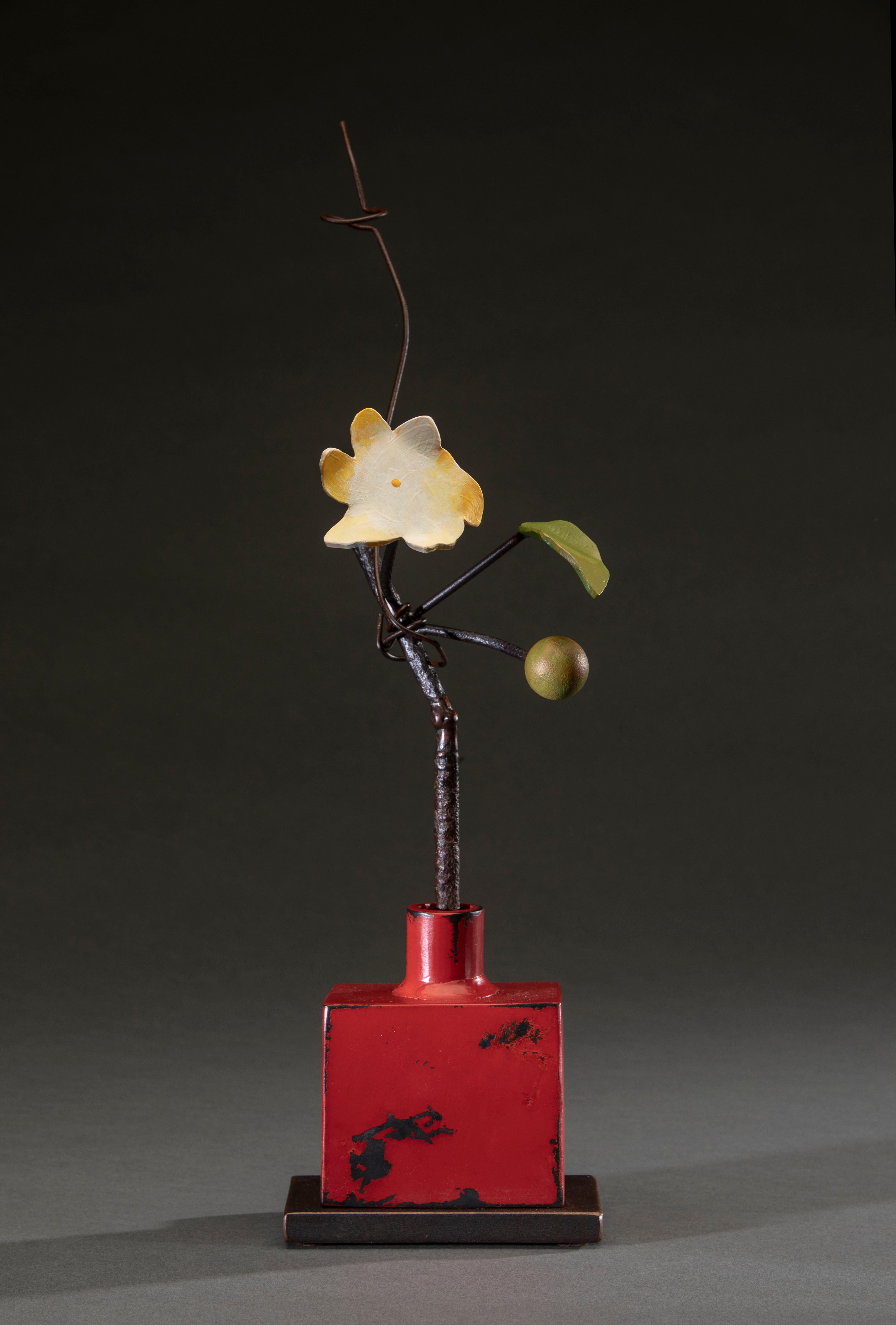 Bronze and Steel Sculpture by David Kimball Anderson 'Red Bottle Yellow Flower' 1