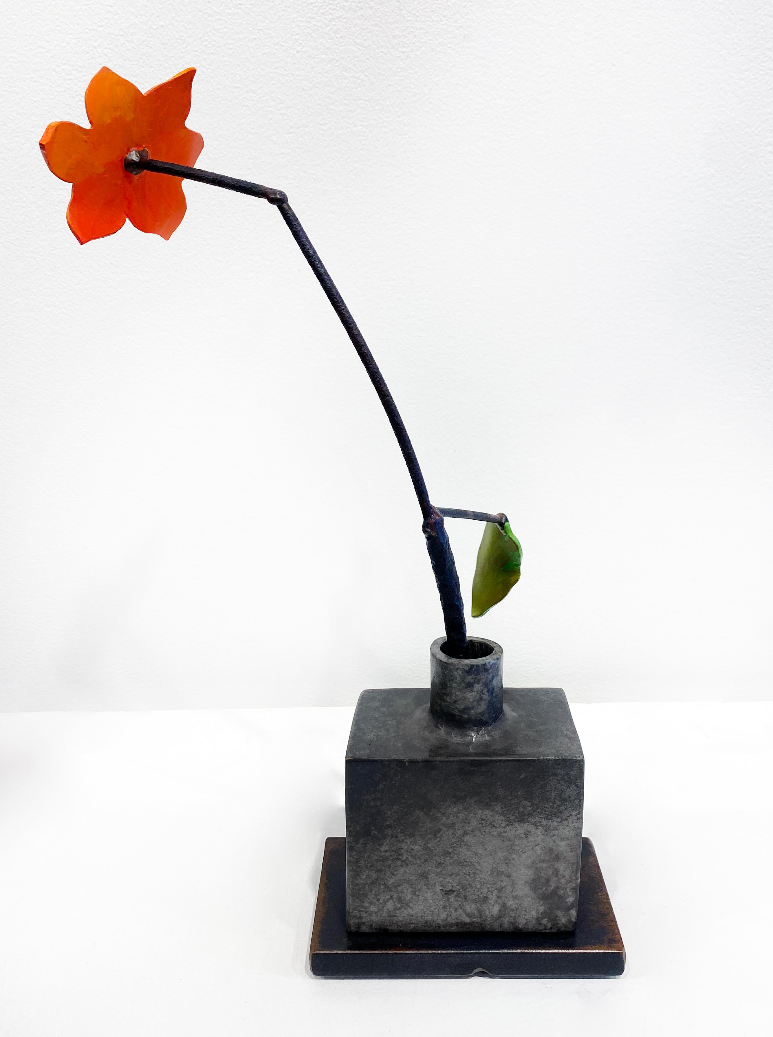 Bronze & Steel Sculpture by David Kimball Anderson 'Silver Bottle Orange Flower' For Sale 1