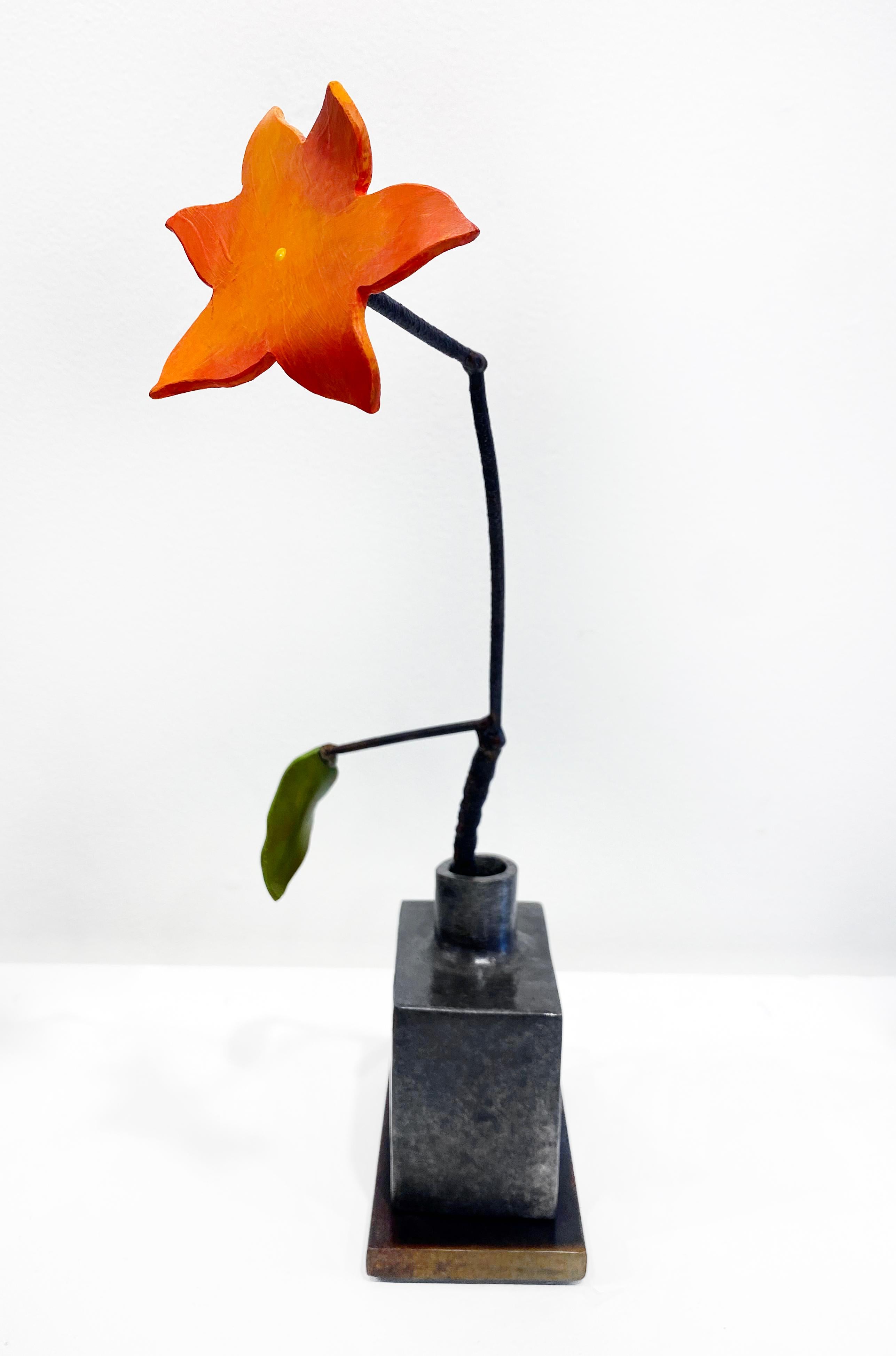 Bronze & Steel Sculpture by David Kimball Anderson 'Silver Bottle Orange Flower' For Sale 2