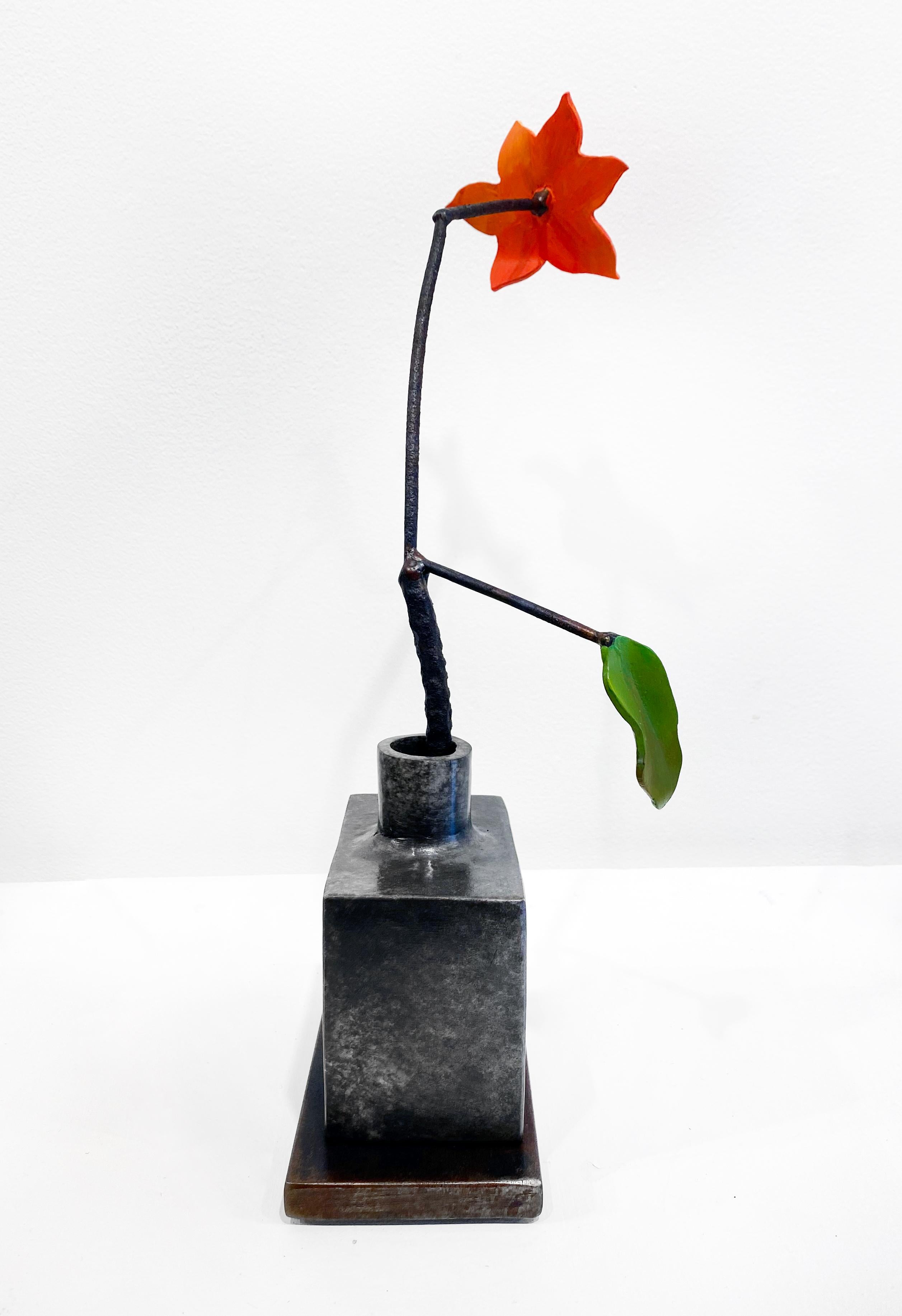 Bronze & Steel Sculpture by David Kimball Anderson 'Silver Bottle Orange Flower' For Sale 3