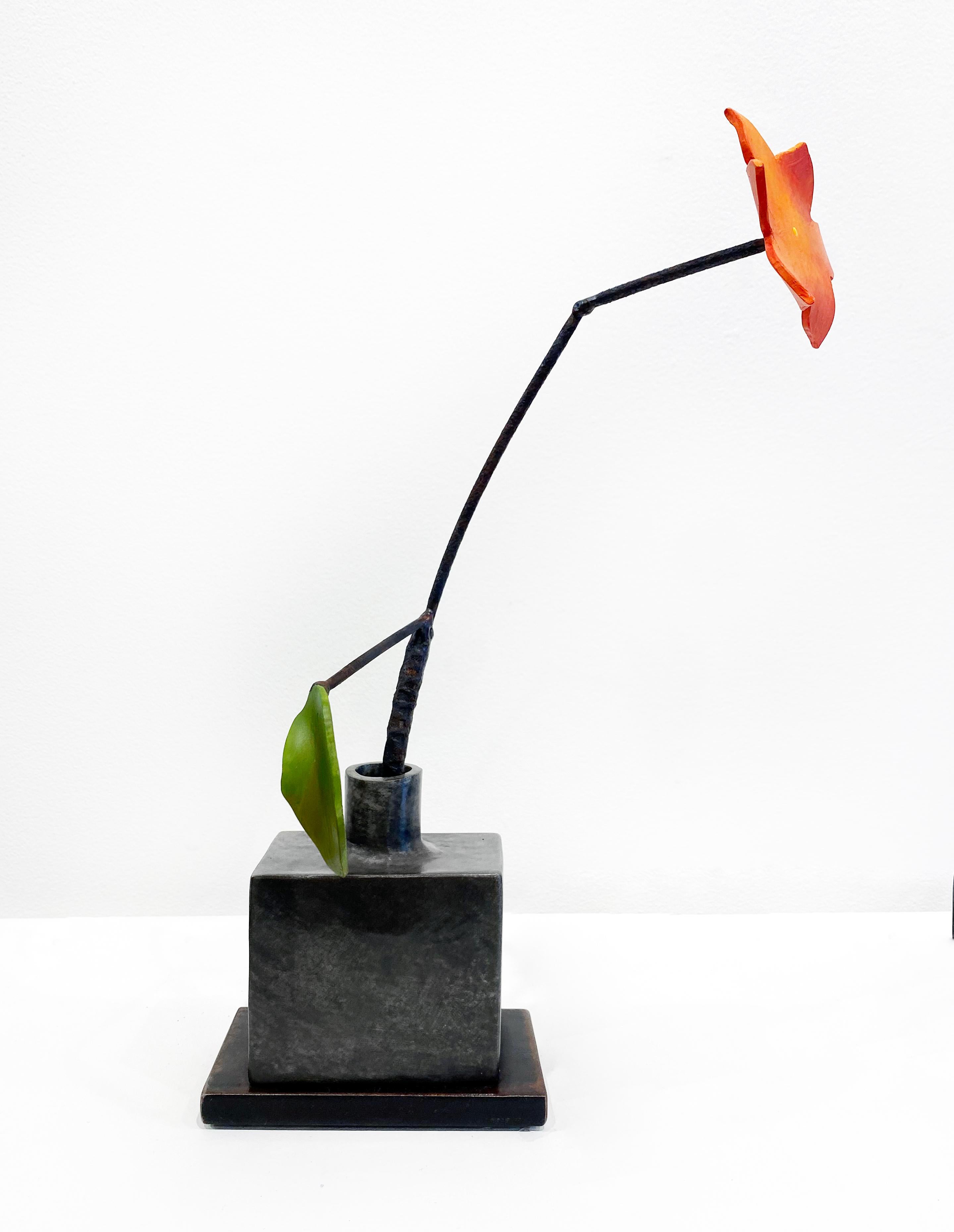 Bronze & Steel Sculpture by David Kimball Anderson 'Silver Bottle Orange Flower' For Sale 4