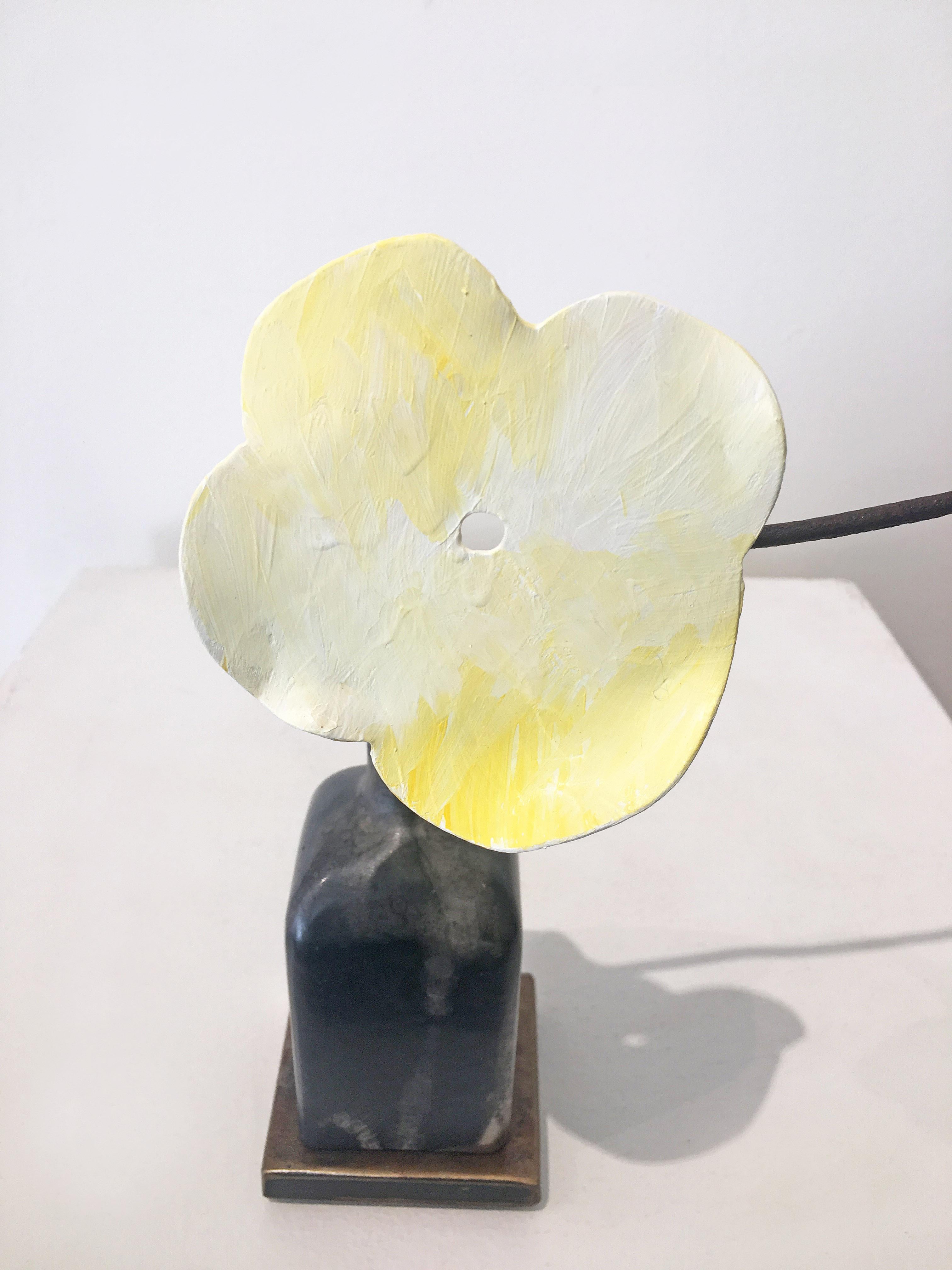 'Poppy with Seed' by David Kimball Anderson, 2018. Bronze, steel, and paint, 9.75 x 5 x 12 in. This sculpture features a square vase cast in bronze and finished in varying patinas of light and dark gray. The flower is in a yellow color and 1 yellow