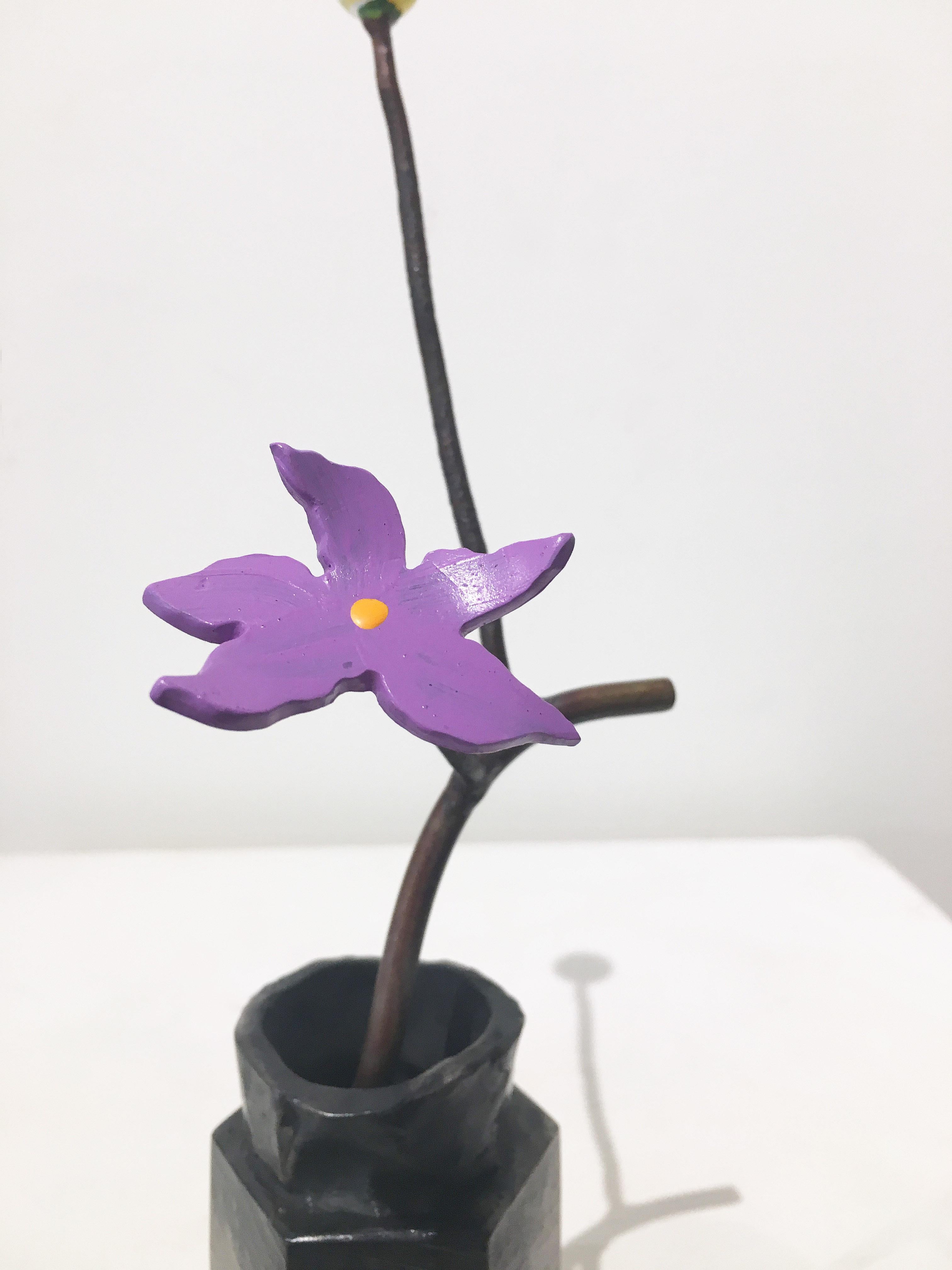 'Winter Seed' by David Kimball Anderson, 2018. Bronze, steel, and paint, 12 x 6 x 7 in. This sculpture features a round vase cast in bronze and finished in varying patinas of light and dark gray. The flower is in a bright color of purple and 1 white