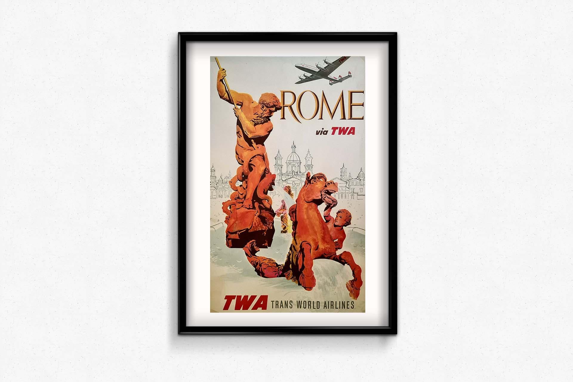 1948 Original poster by David Klein for TWA and its trips to Rome Italy For Sale 1