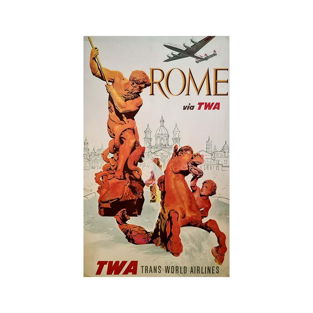 Original poster by David Klein for TWA and its trips to Rome. A TWA Lockheed Super Constellation can be seen flying over the Neptune Fountain in Rome. Trans World Airlines (TWA) was a major American airline that operated from 1930 to 2001.  Along