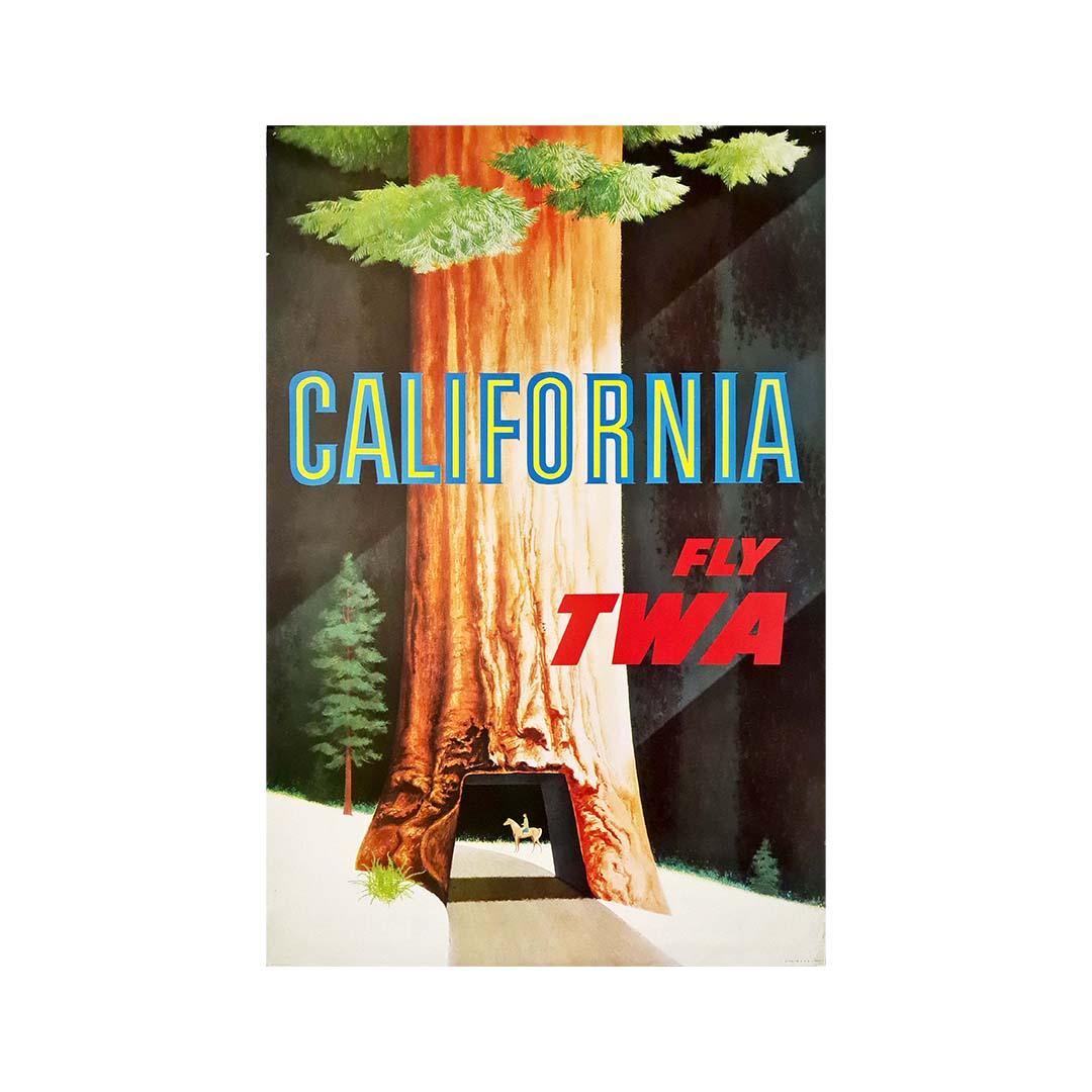 Affiche de voyage de TWA California (c. 1950s).  Une autre belle image offerte par l'artiste préféré de TWA, David Klein, cette affiche détourne l'attention des paysages urbains animés pour mettre en valeur l'un des sites les plus majestueux