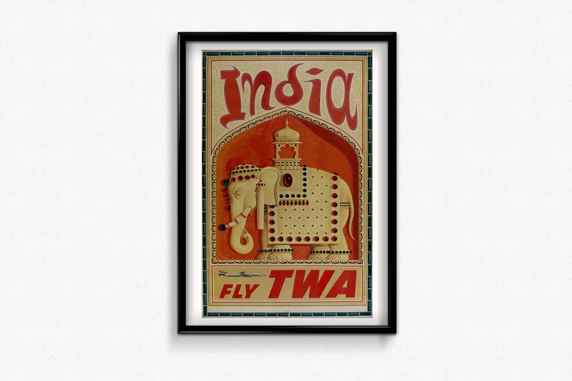 1960 original travel poster by David Klein for Fly TWA to India For Sale 1