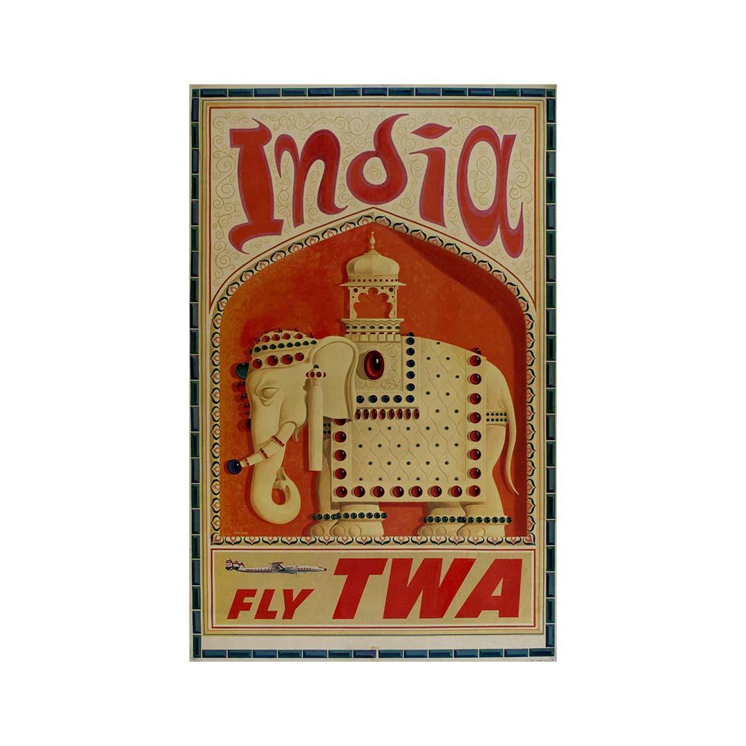 Affiche de voyage originale de David Klein pour Fly TWA en Inde, 1960 en vente 3