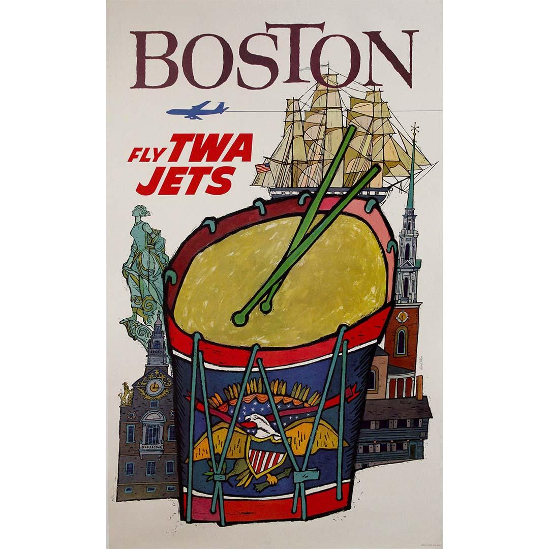 The circa 1950 poster Boston – Fly TWA Jets by David Klein is a lively and imaginative example of mid-century American travel advertising. Created for Trans World Airlines, it celebrates Boston’s historic identity while promoting the modern