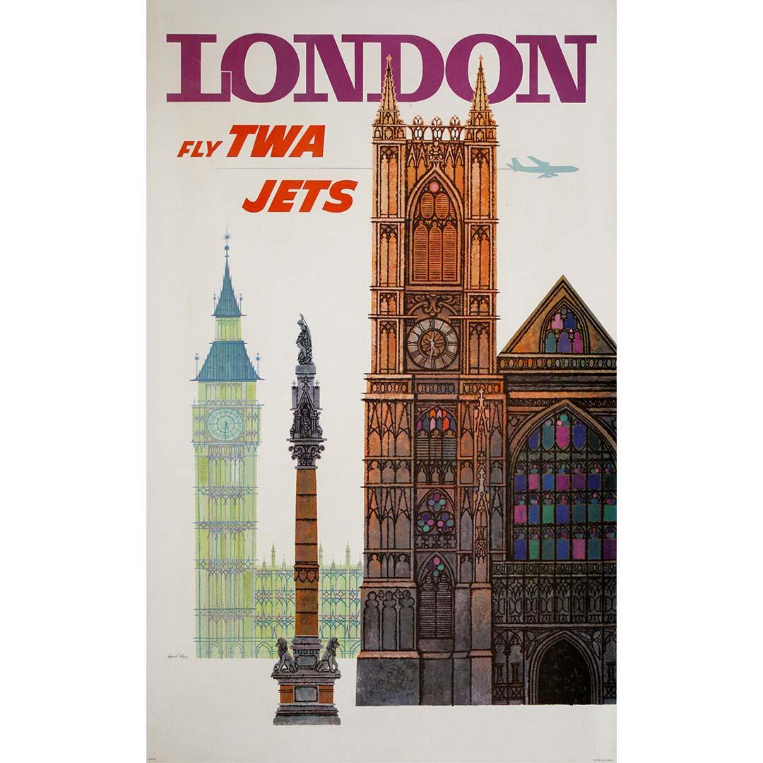 This brilliant original poster by David Klein, created around 1960, captures the spirit of postwar jet-age travel with vibrant flair. Commissioned by TWA (Trans World Airlines) to promote its flights to London, it forms part of Klein’s celebrated