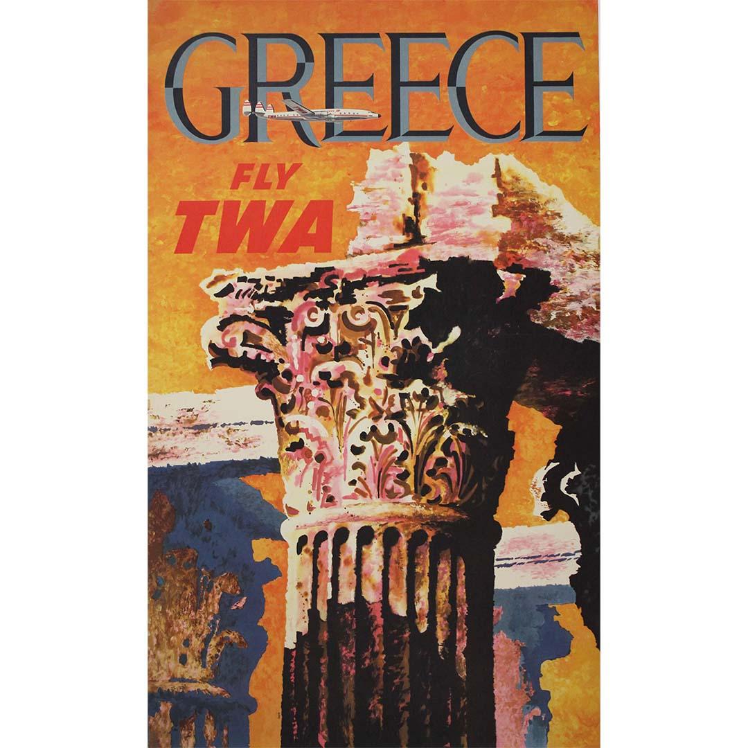 This circa 1960 travel poster by David Klein for Trans World Airlines (TWA) is a bold and expressive interpretation of Greece, combining modern graphic sensibility with classical imagery. Known for his painterly and highly stylized approach to