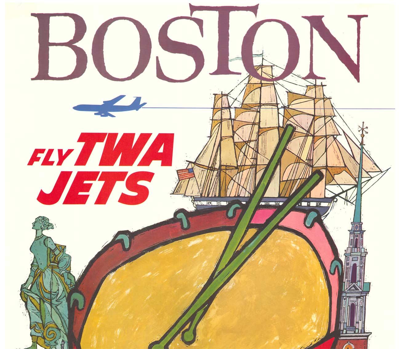 Origiinal Boston Fly TWA Jets vintage American travel poster - Print by David Klein