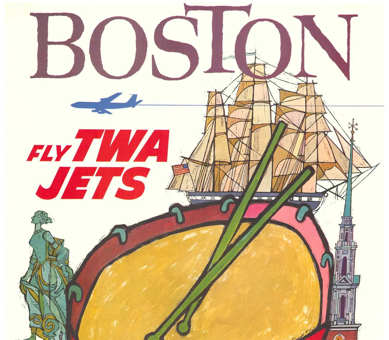 Póster de viaje original de Boston Fly TWA Jets vintage American - Print de David Klein