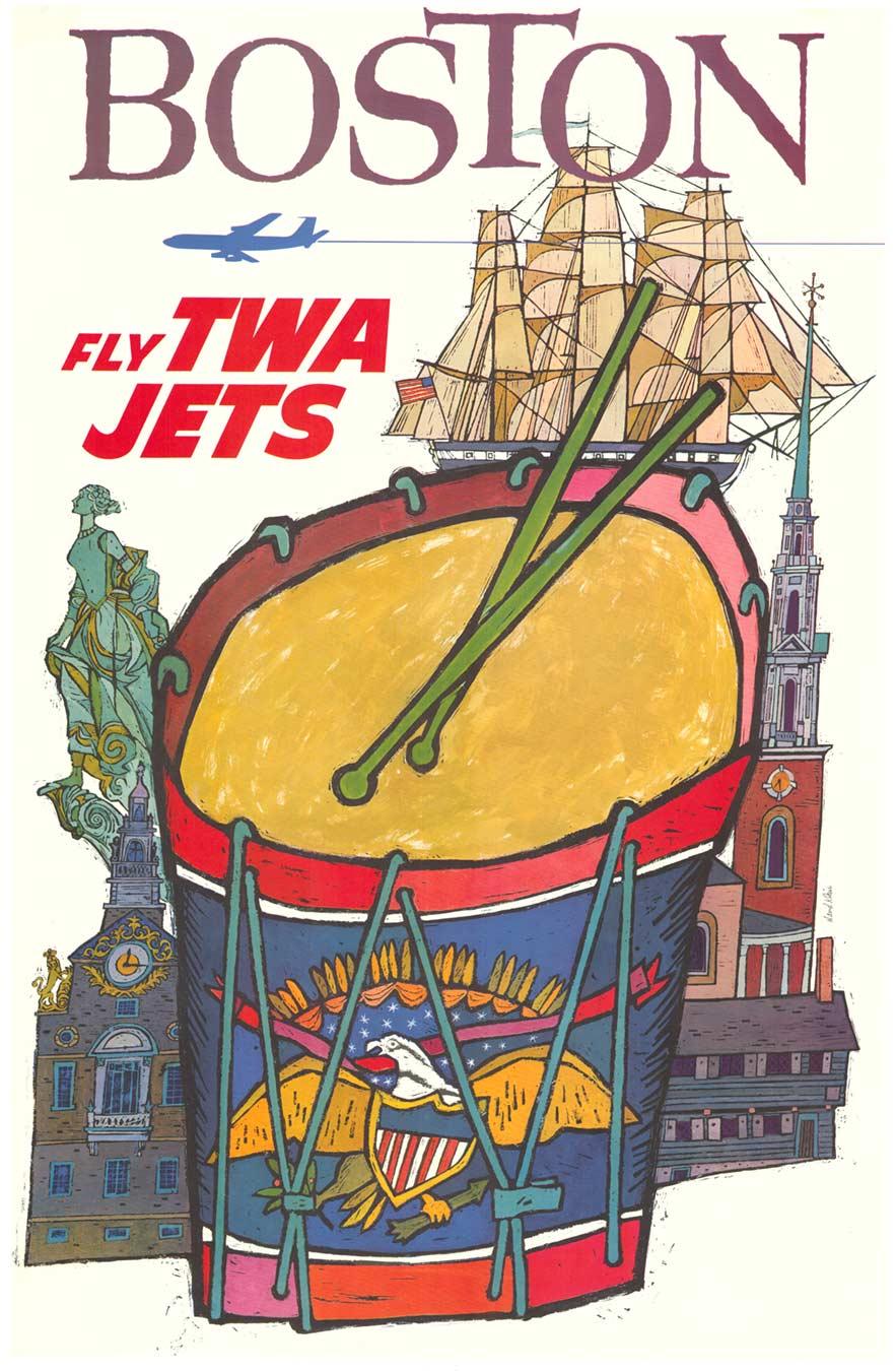 Origiinal Boston Fly TWA Jets vintage American travel poster