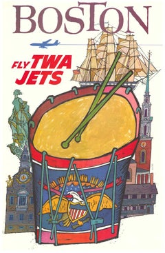 Origiinal Boston Fly TWA Jets Vintage American travel poster