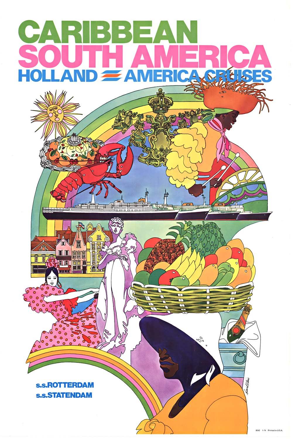 David Klein Landscape Print - Original Caribbean - South America Cruise vintage travel poster
