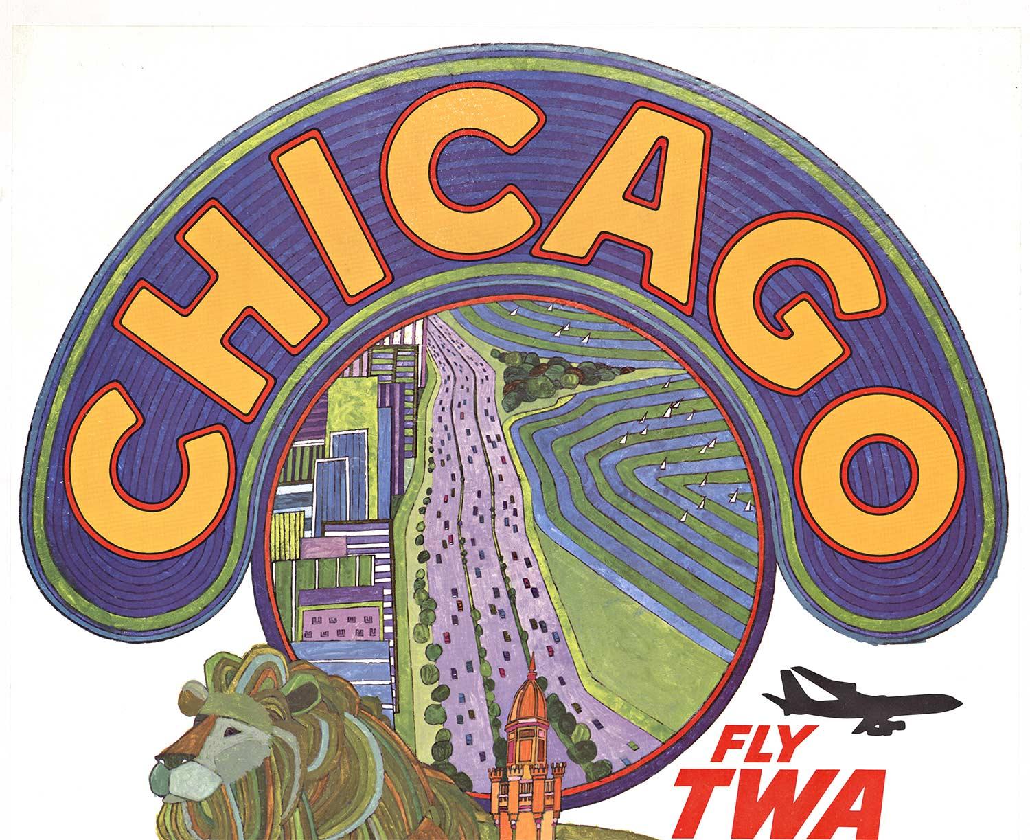 Original Chicago Fly TWA Vintage-Reiseplakat – Print von David Klein