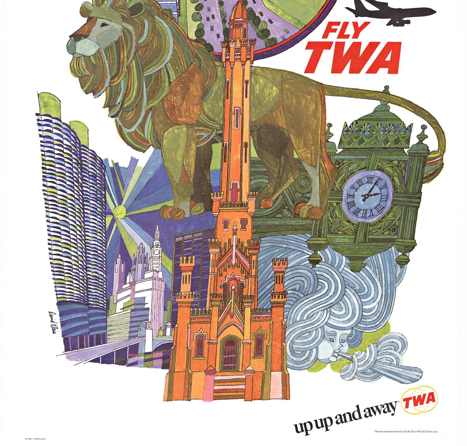 Affiche de voyage vintage originale de Chicago Fly TWA - Modernisme américain Print par David Klein