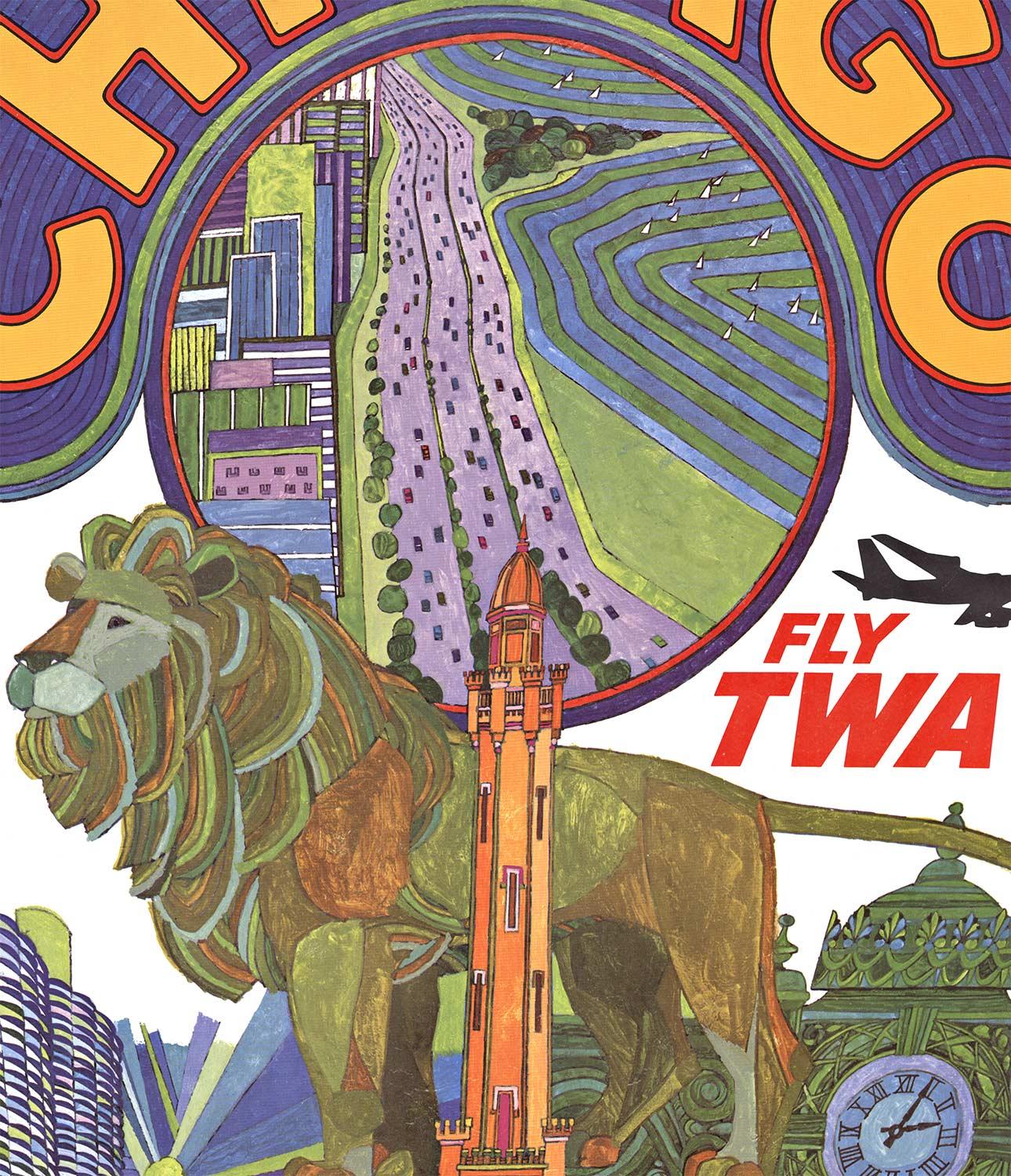 Affiche de voyage vintage originale de Chicago Fly TWA - Marron Landscape Print par David Klein