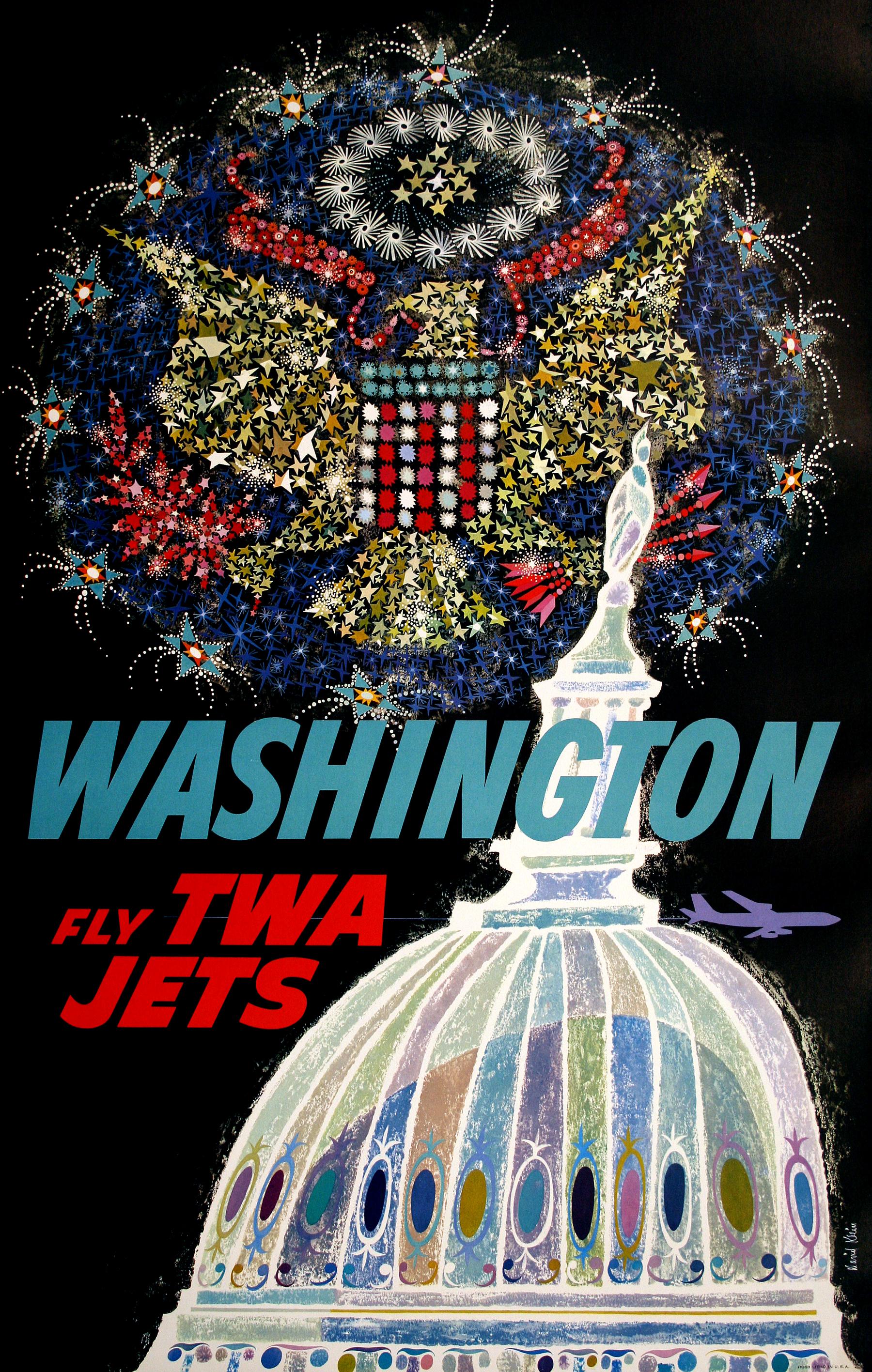 Póster original de David Klein de 1958 - Volar en jets TWA Washington