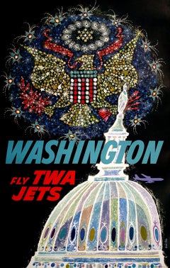 Póster original de David Klein de 1958 - Volar en jets TWA Washington