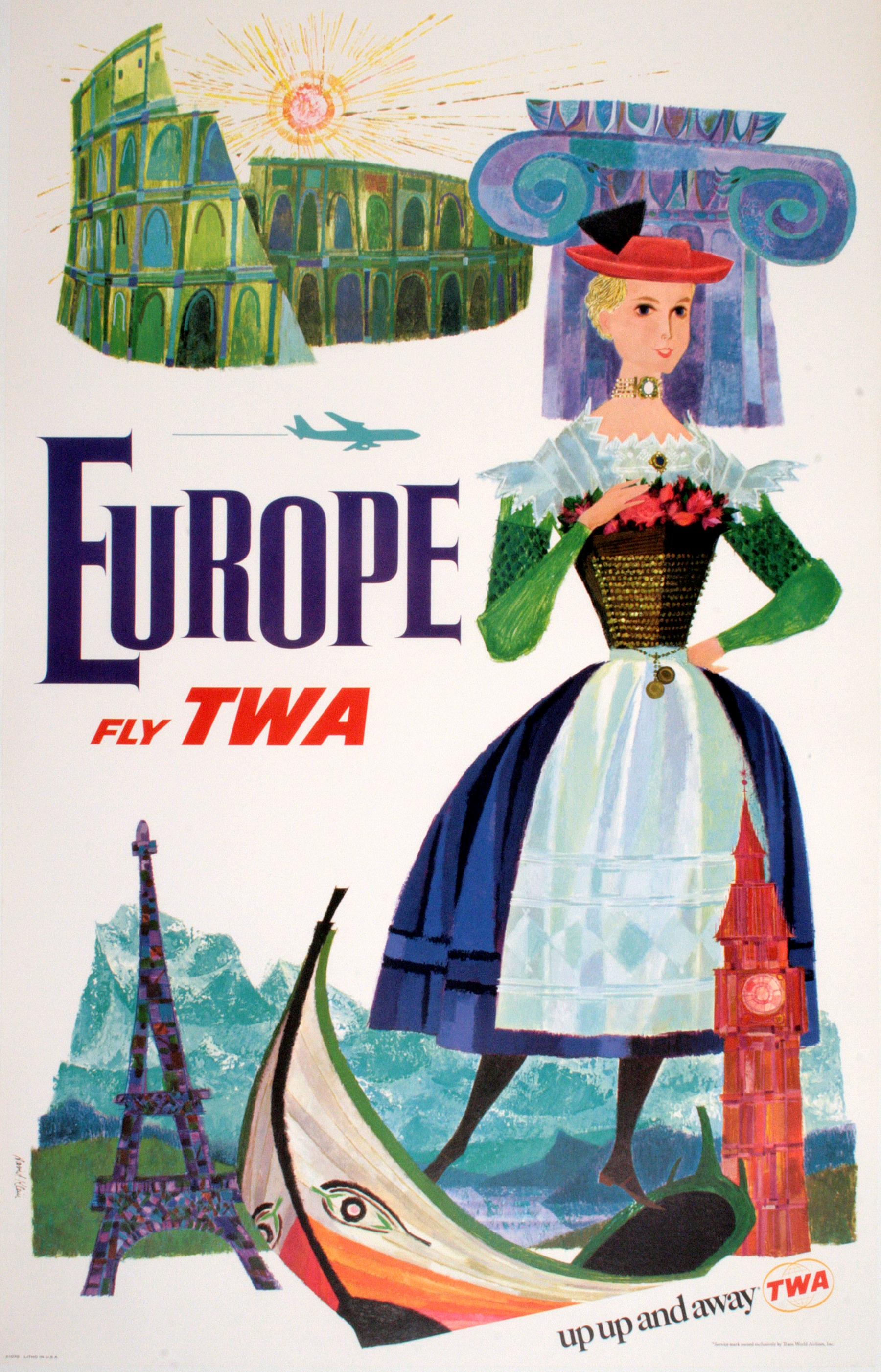 This Europe poster was created circa 1960 by the gifted American artist David Klein (1918 -2005) for TWA. Klein chose to depict some of the European highlights for this poster: The Roman Colosseum, a Greek column, the Eiffel tower in Paris, the Big