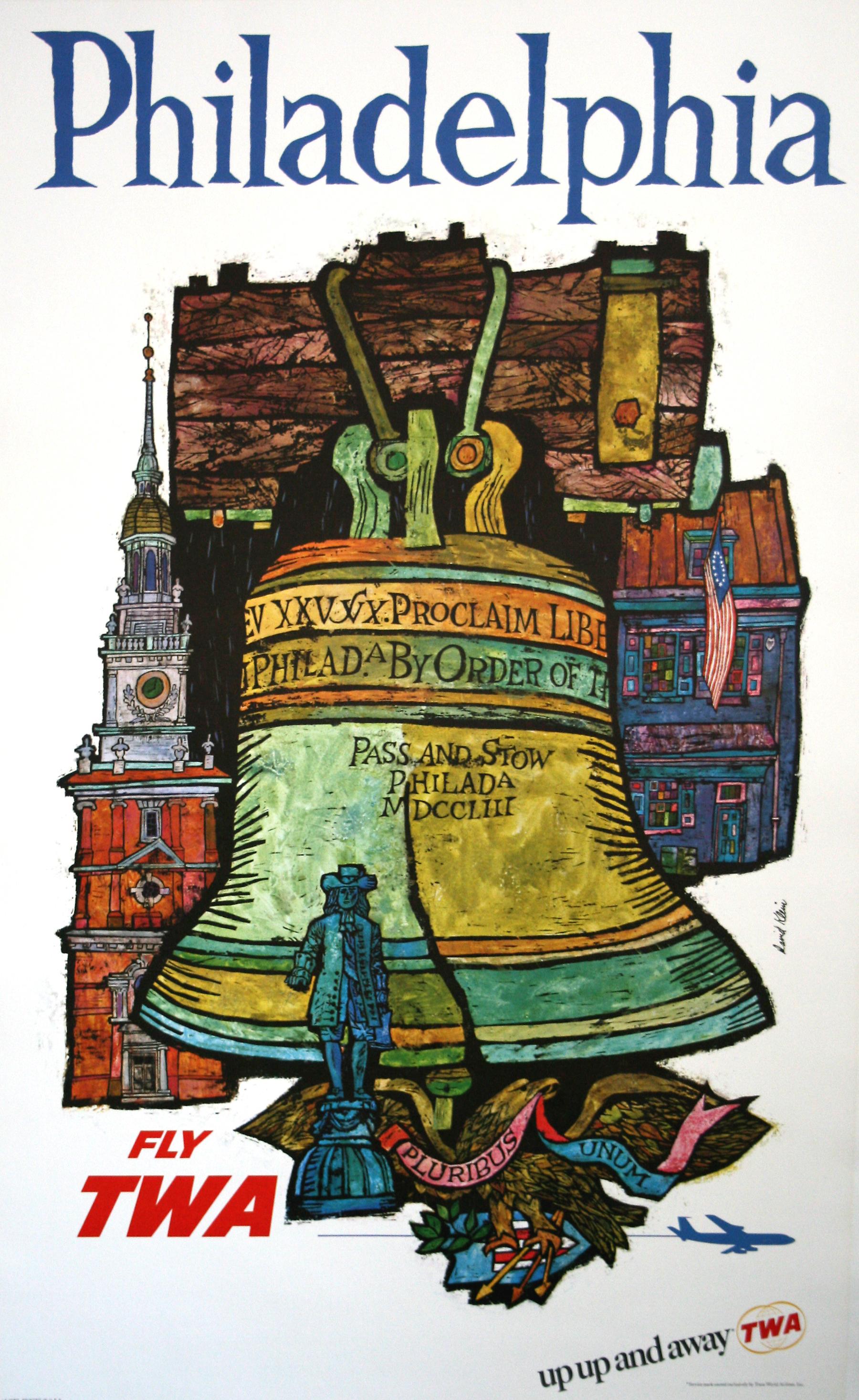 David Klein ( 1918-2005) was a noted poster designer whose body of work was prominent in the advertisements for TWA. In this 1960's design, we see the Liberty Bell which is the iconic visitors' site in Philadelphia. This poster was part of an