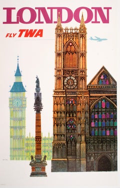 Vintage Original David Klein c1955 Poster - Fly TWA London - Big Ben