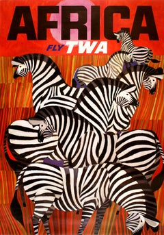 David Klein - Original David Klein Fly TWA - Africa Zebras Poster c1960 Original David Klein Fly TWA - Africa Zebras Poster c1960