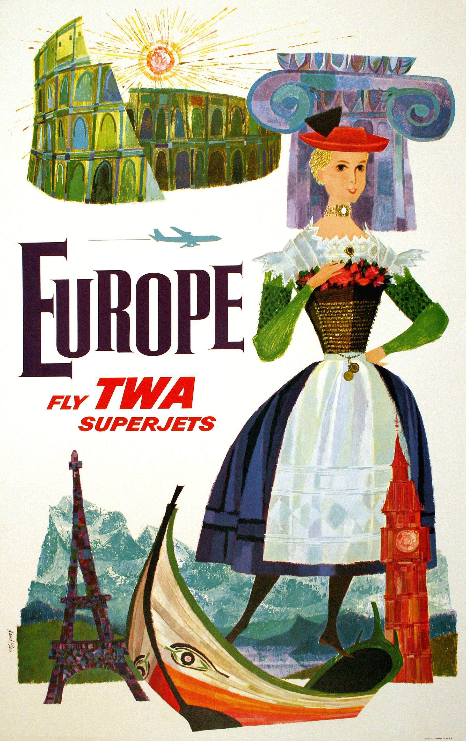 This Europe poster was created circa 1960 by the gifted American artist David Klein (1918 -2005) for TWA. Klein chose to depict some of the European highlights for this poster: The Roman Colosseum, a Greek column, the Eiffel tower in Paris, the Big