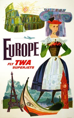 Original David Klein Fly TWA Superjets to Europe Poster c1960