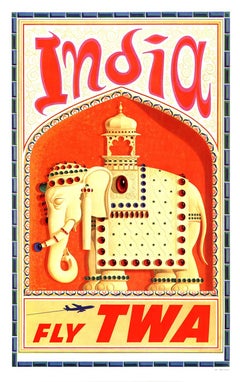 Original David Klein - India Fly TWA, c. 1960s Vintage Travel Poster  sobre lino