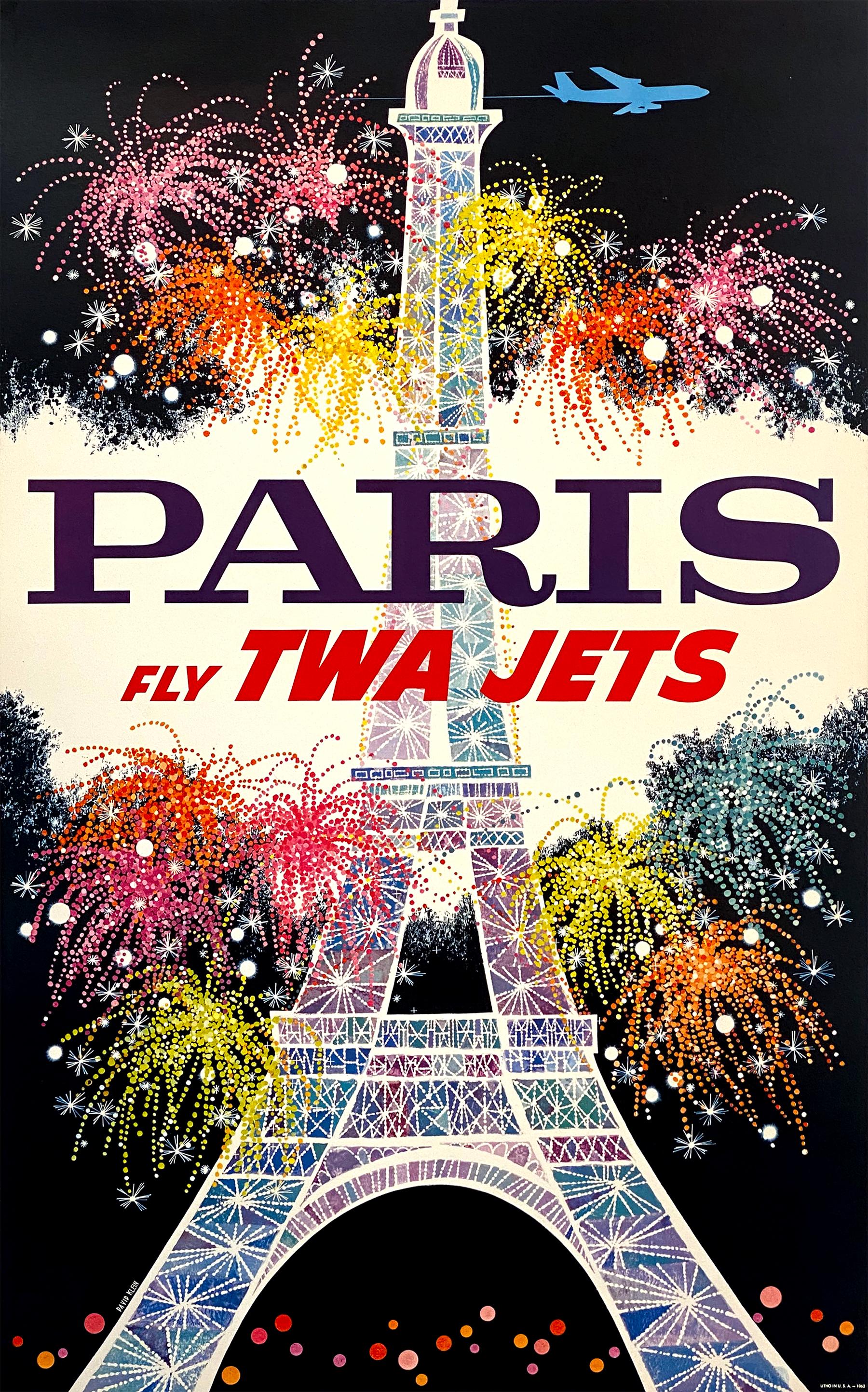 This Paris poster was created in 1962 by the gifted American artist David Klein (1918 -2005) for TWA. The image shows the iconic Eiffel Tower in a very festive and colorful manner. The bright colors of the fireworks contrast perfectly with the black