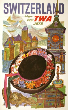 Original David Klein TWA Poster C1965 - Switzerland Hat