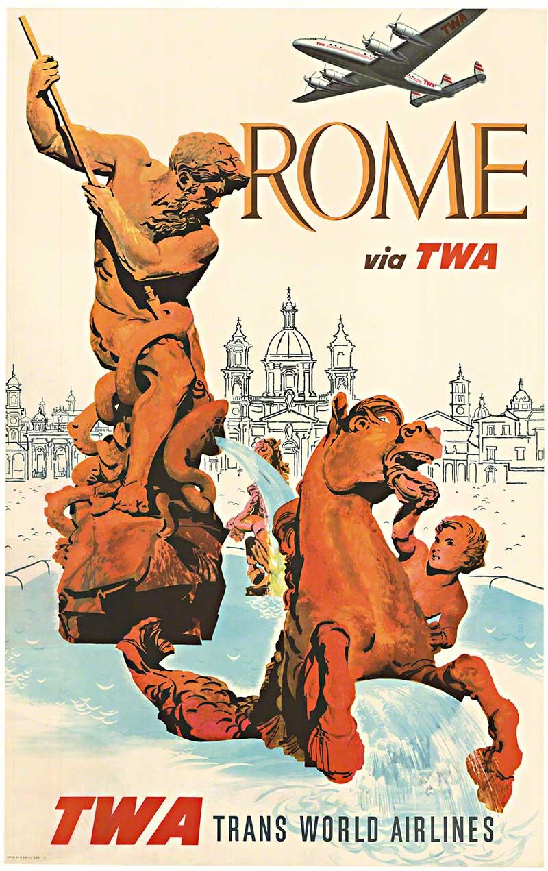 Original earliest Rome via TWA vintage travel poster - American Realist Print by David Klein